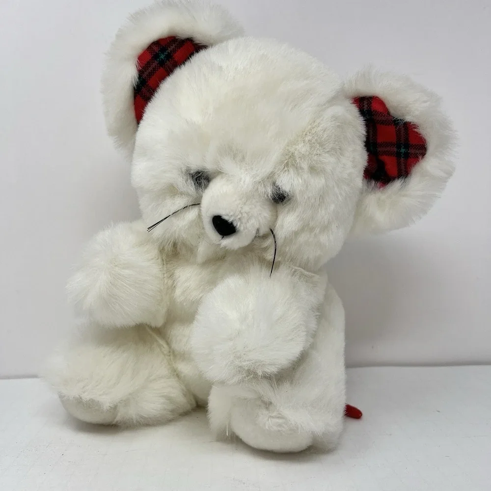 1991 White Mouse Plush 10 Inch Stuffed Animal Plaid Ears‎ World of Smile